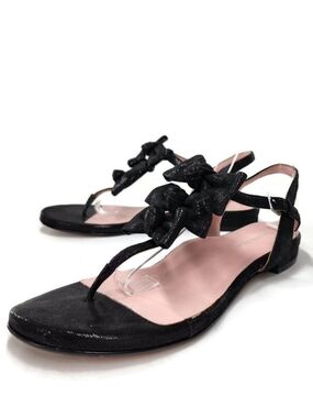 Taryn Rose Iliana Black Shimmer Leather Bows T-Strap Toe-Post Slingback Sandals